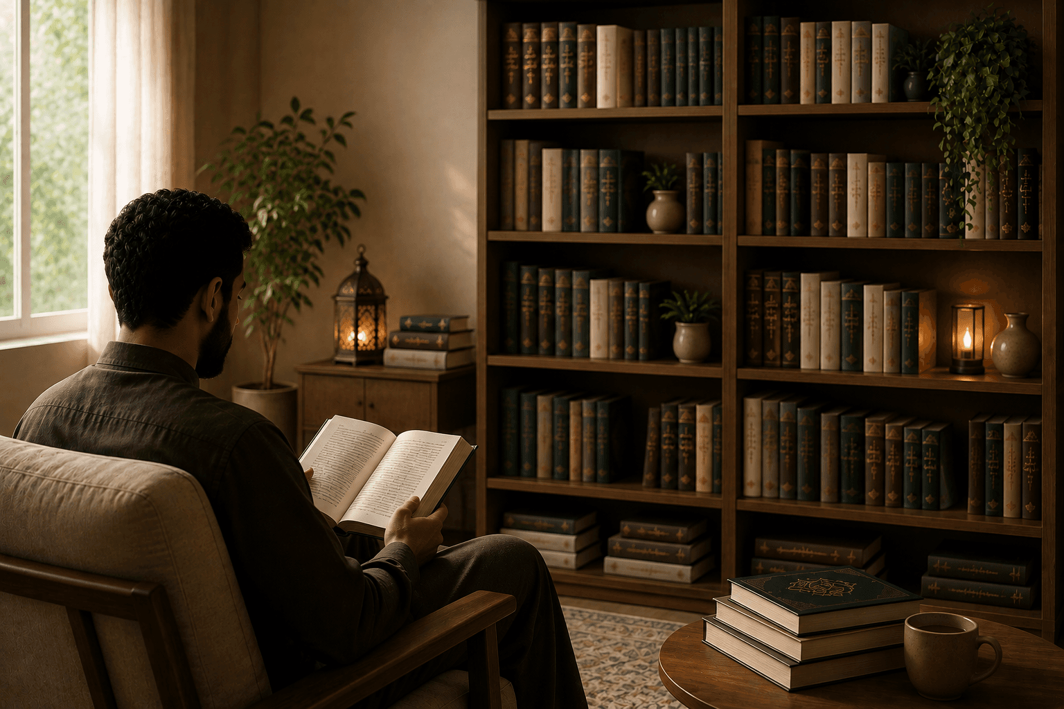 Un lecteur dans un environnement calme, entouré d'une bibliothèque qui s'est enrichie