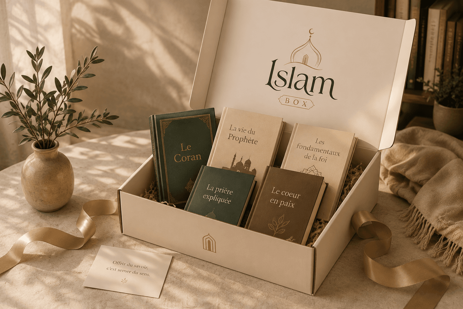 Une box IslamBox ouverte présentée comme cadeau, avec plusieurs livres